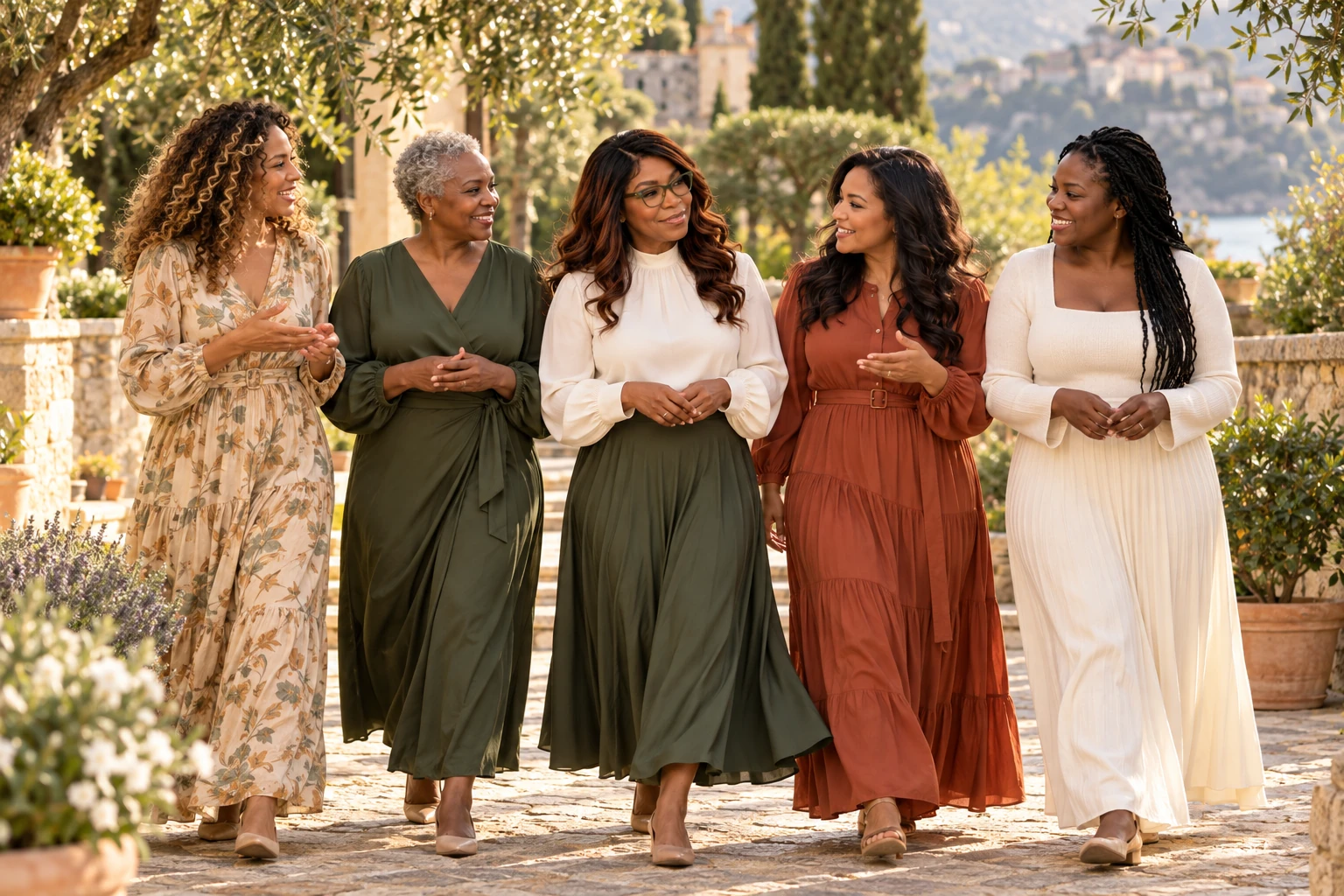 Penny D. Butler in olive glasses walking among women in conversation on a garden path