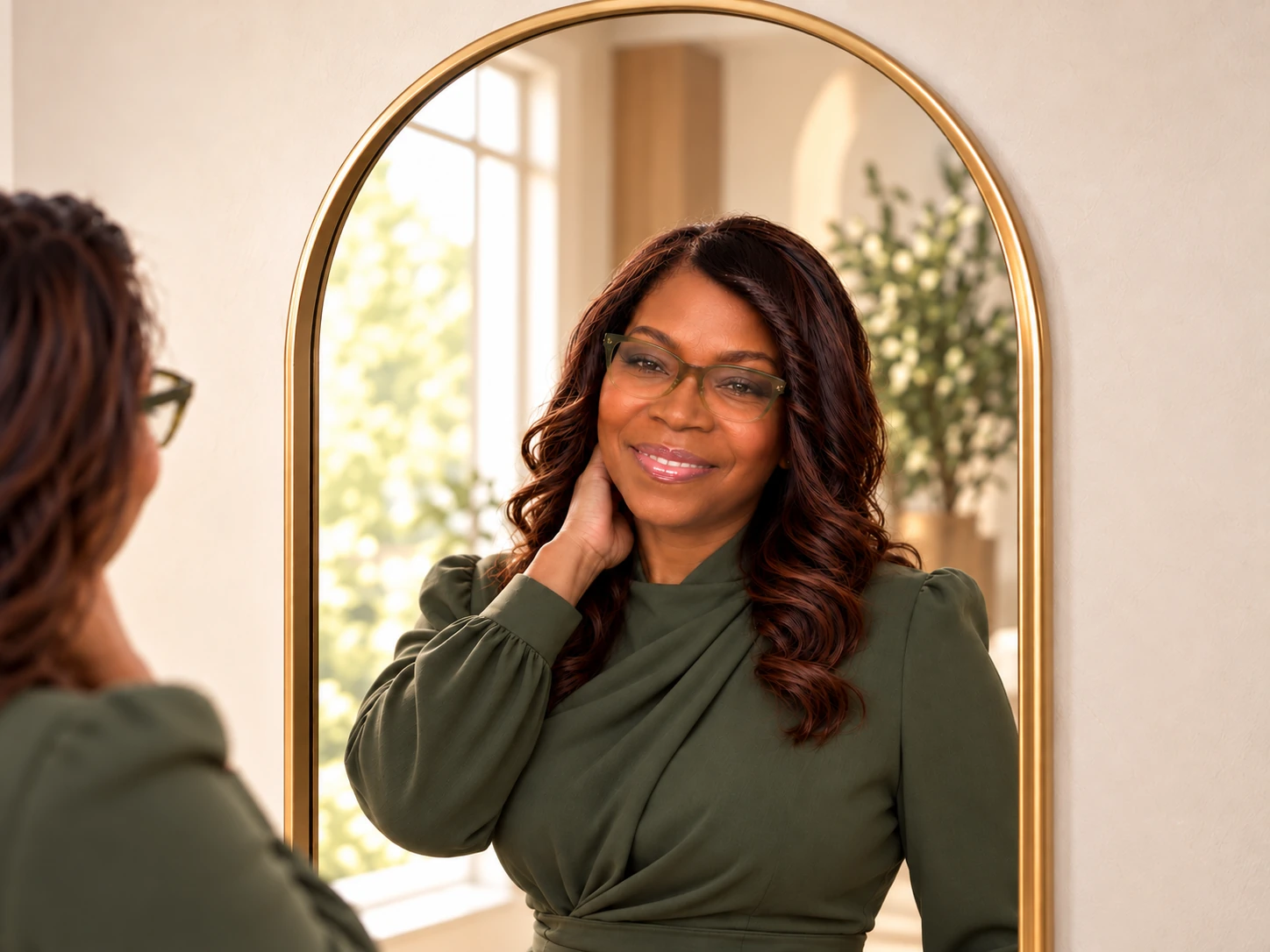 Penny D. Butler in olive green glasses, meeting her own reflection in an arched mirror